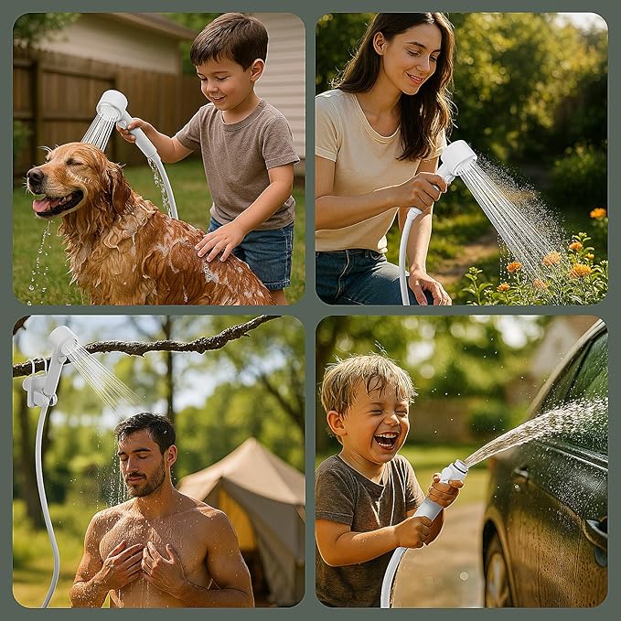 Portable Shower for Camping, Powerful 10L/Min Water Flow, Rechargeable Shower Pump with Bath Sponge, 4 Spray Modes, IPX8 Waterproof, 7800mAh Battery, Ideal for Hiking, Travel, Car Wash, Pet