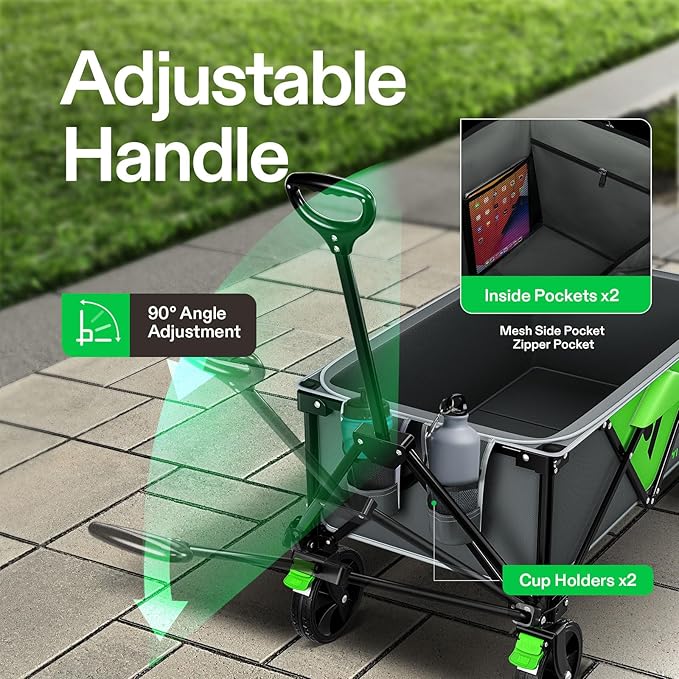 VIVOSUN Collapsible Folding Wagon, Outdoor Utility with Silent Universal Wheels, Cup Holders & Side Pockets, Adjustable Handle, for Camping, Garden, Sports, Picnic, Shopping, 220LBS, Grey & Green