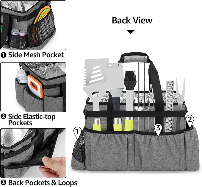 Large Grill Utensil Caddy with Paper Towel Holder, Outdoor Picnic Bag Organizer for BBQ Supplies Tool, Tailgating Accessory Basket Camping Gear Must Haves for Cook Essentials, Gray, Bag Only