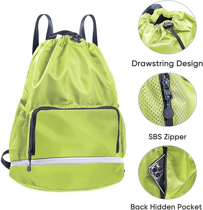 Swim Essentials Beach Gym Backpack - Drawstring Gym Bag with Shoes Compartment and Waterproof Pocket for Swim Accessories - Kids Mens Beach Workout Bag
