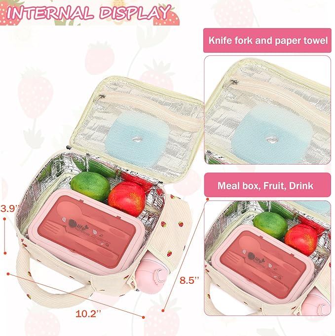 LOIDOU Lunch Box for Kids Girls Cute Corduroy Insulated Lunch Bag Thermal Meal Tote Reusable Lunch Pail Bags for School Travel (Corduroy Strawberry Beige)