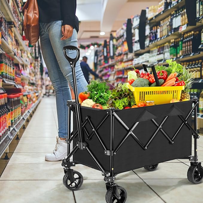 Collapsible Trolley Wagon Cart with Wheels 140L & 300LBS Capacity for Outdoor Sports, Shopping, Camping and Gardening