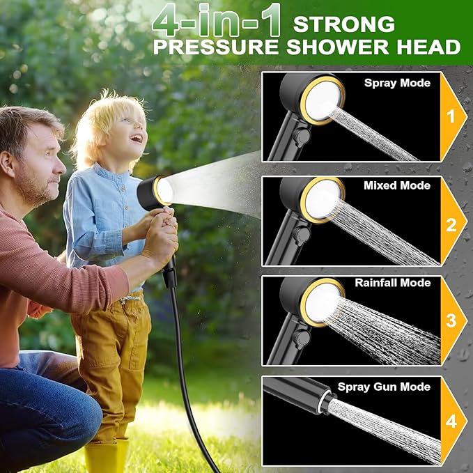 Portable Shower for Camping, Rechargeable Camping Shower Pump, 4 Spray Modes, Smart Intelligent LED Display Outdoor Camp Shower Kit or Camping, Hiking, Traveling, Pet
