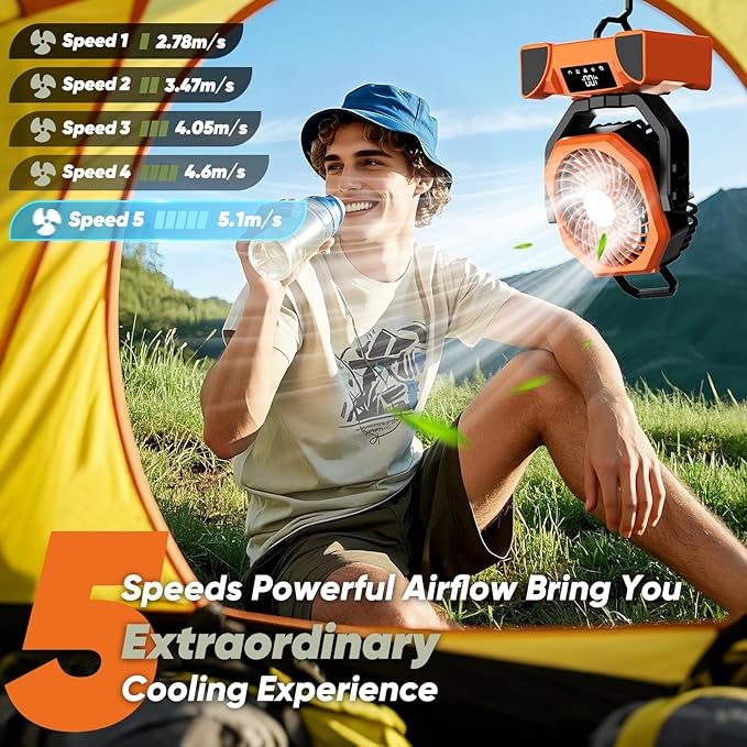 Portable Rechargeable Fan, 20000mAh Battery Powered Fan with LED Light, Camping Fans for Tent Remote Control, 5 Speed & Hook, 10-inch Outdoor Cordless Fans for Travel,Home,Beach, Power Outage - Orange