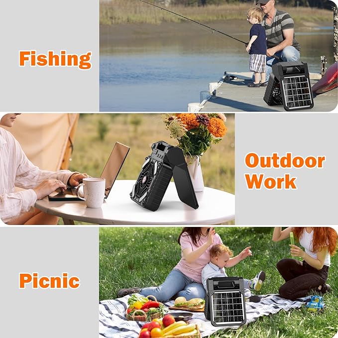 Solar Camping Fan with 10400mAh Built-in Rechargeable Battery,Dual-Power Outdoor Fan,Portable Fan with Timer,Phone Charging,LED Lantern,for Camping,Fishing,Power Outage,Hurricane(Black-Orange)
