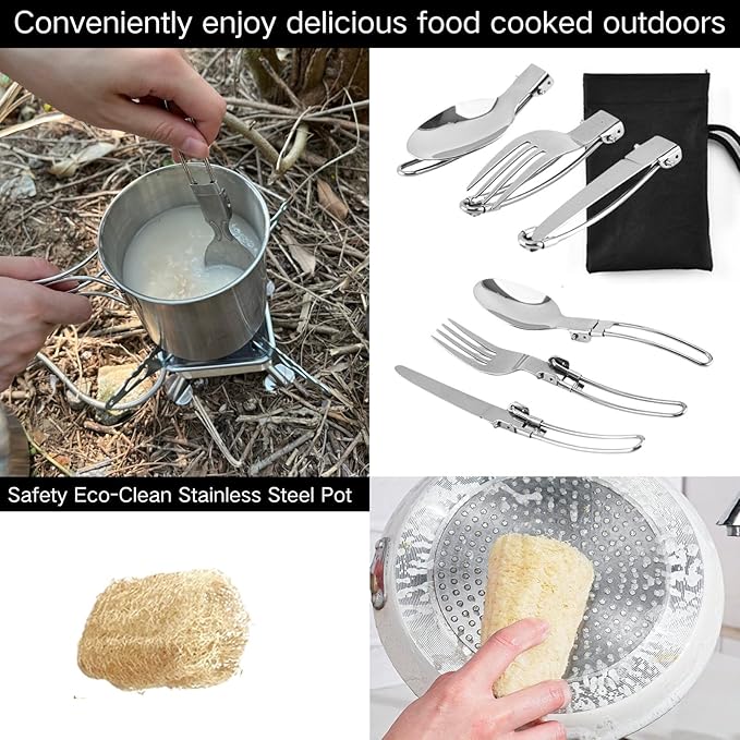 BeGrit Camping Cups Mugs Camping Pot Food Grade 304 Stainless Steel Outdoor Camp Cooking Cookware Set for Hiking Backpacking Hunting