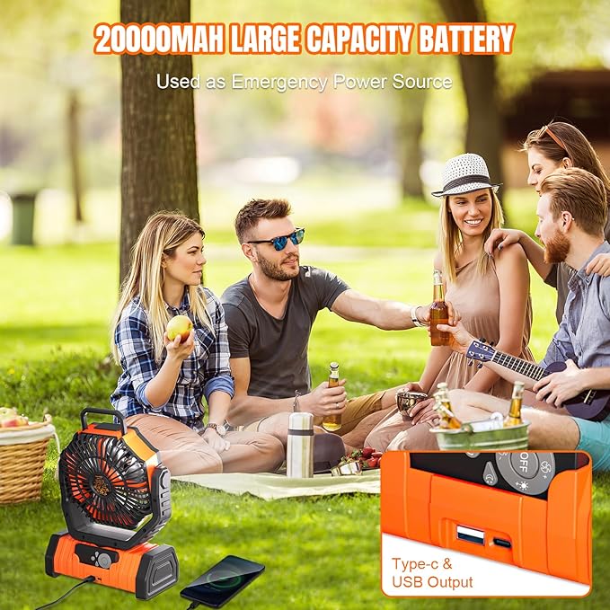 KEPEAK Rechargeable Camping Fan with LED Light, 20000Ah Battery Operated Powered Fan, 72H Runtime, Remote Control, 5.3m Airflow, Ultra-Quiet Portable Fan for Tents, Outdoor, Camping(Orange)