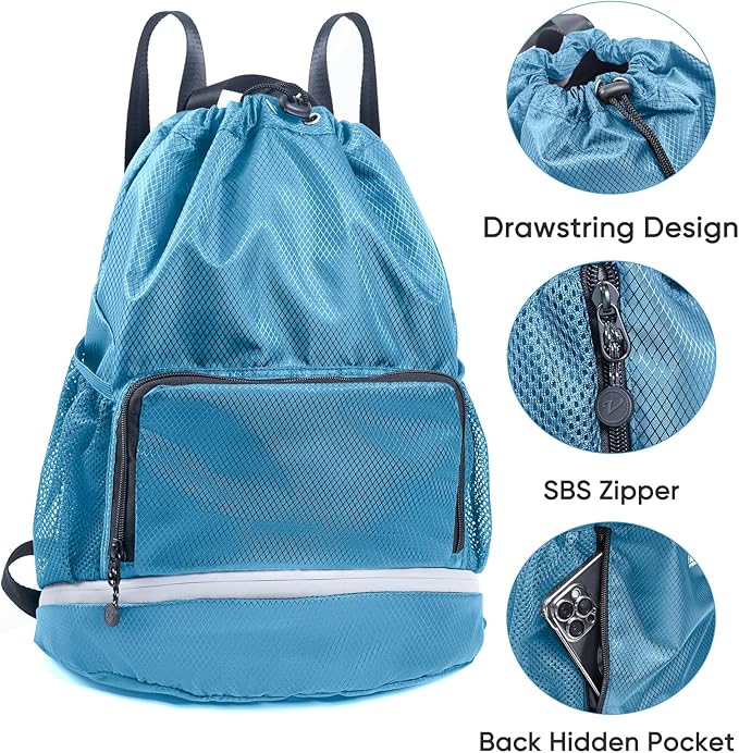 Swim Essentials Beach Gym Bag - Drawstring Backpack with Shoes Compartment and Waterproof Pocket for Kids, Men - Workout Bag