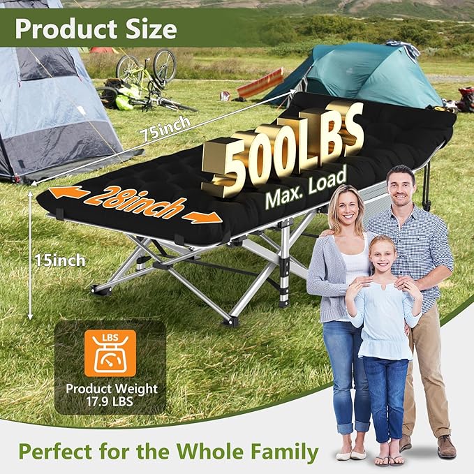 Slendor Camping Cot for Adults, 1200D Oxford Camping Bed with 3.5in Thick Mattress, 500lbs Max Load, Folding Cot for Camping, Travel, Outdoor, Home Guest, Office Nap