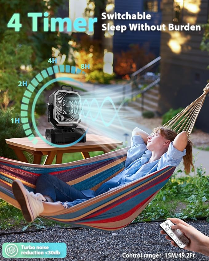 20000mAh Portable Camping Fan, Rechargeable Battery Operated Oscillating Tent Fan W/Bluetooth Speaker, 4 Speeds, LED lights & 360° Rotation Hook for Outdoor RV Travel Essentials, Black
