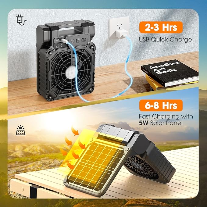 Solar Camping Fan with LED Lantern, 10400mAh 10W Solar Panel fan, Quiet Battery Operated Tent Fan for Picnic, Barbecue, Fishing, Travel