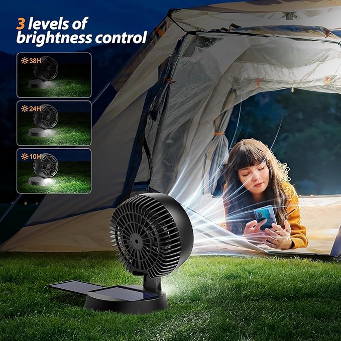 Solar Outdoor Camping Fan for Greenhouse,Rechargeable Battery Operated Fans Solar Portable Cooling Fan 10440mAh with PowerBank,7W,LED Lantern,for Tent,Car,Cruise Ship