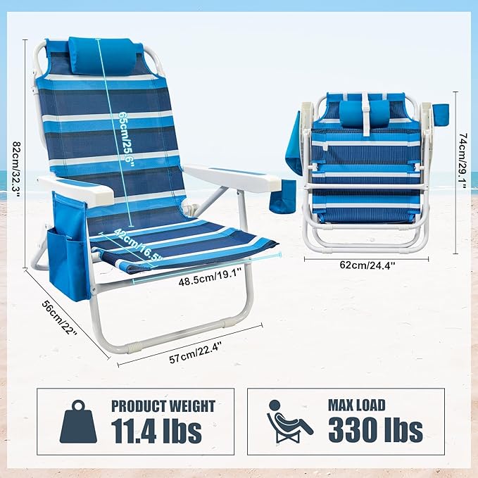 Beach Chair 2 Pack, 5 Positions Textilene Folding Reclining Beach Chair with Backpack Straps, Cooler Bag & Cup Holder for Outdoor Lawn Camping