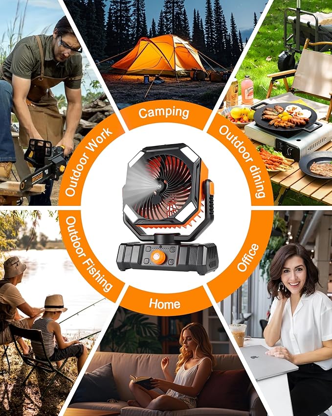 Misting Fan Portable with 20000mAh Rechargeable Battery 16H-58H Run Time, USB Output for Emergency Charging, Camping Fan Mist Spraying in 6.6ft, LED Lights, for Outdoors Camping Patios Fishing Cooling