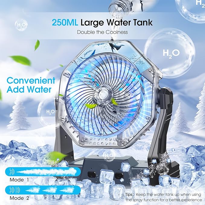 Ausic Portable Misting Fans for Outside, Outdoor Cooling Fan for Patios, 8 Inch Battery Operated Rechargeable Fans, Water Spray Fan with Light & Hook for Beach Camping Essential