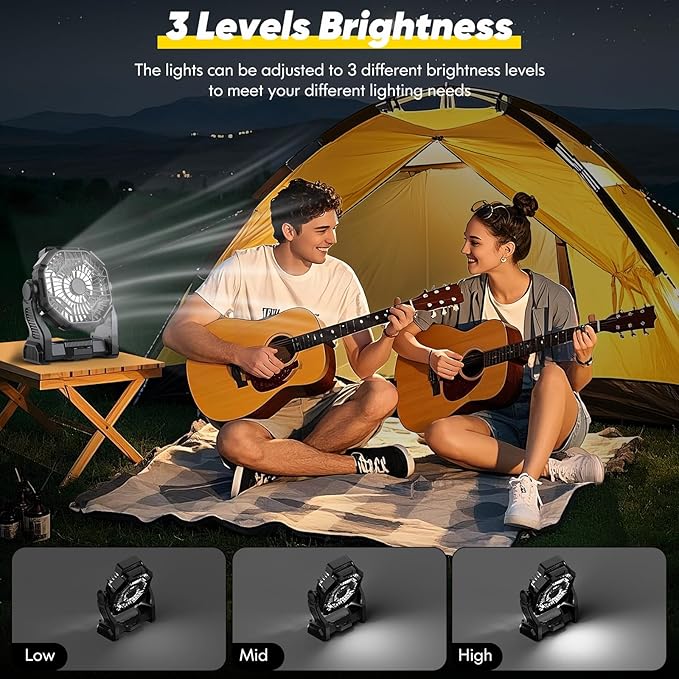 Camping Fan Rechargeable, Real 10000mAh Battery Powered Portable Fan with LED Light and Hook, Battery Operated Fan 10-Inch, USB Outdoor Portable Fans for Travel, Fishing, Picnic, Beach, Black