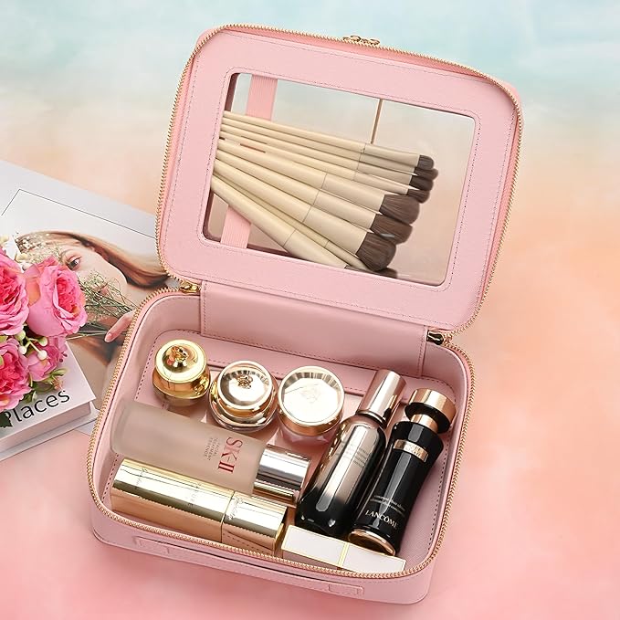 Aveniee Clear Makeup Bags, Double Layer Cosmetic Bags with a Separate Brush Compartment, Travel Toiletry Bag Train Case for Women, Travel Accessories Organizer for Purse(2 Layers Large,Pink)