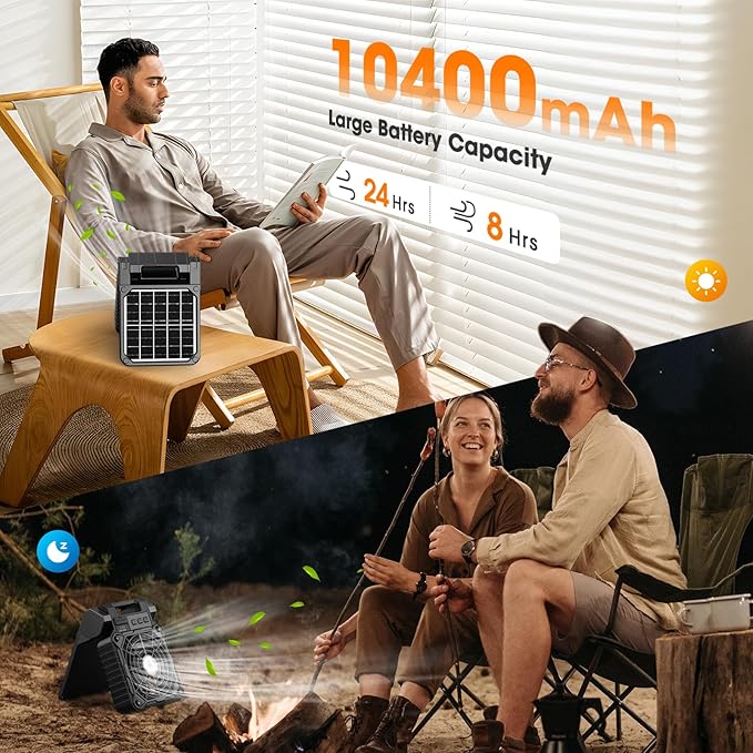 Solar Camping Fan with LED Lantern, 10400mAh 10W Solar Panel fan, Quiet Battery Operated Tent Fan for Picnic, Barbecue, Fishing, Travel