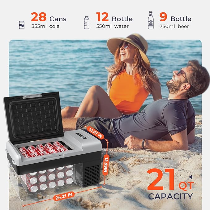 12 Volt Refrigerator Portable Fridge - 21Quart(20L) Electric Cooler Compressor fridge -4℉-68℉, 12/24V DC & 100-240V AC Car Refrigerator for Camping, RV, Fishing, Travel, Home