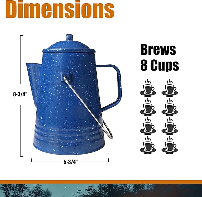 Grip Coffee Percolator (Blue) - Durable Glazed Enamel Steel - Prepare Coffee Over the Fire - Camping, Hiking, Backpacking, Fishing, Hunting - (8 Cups)