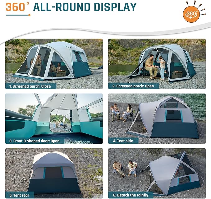 Tents for Camping 6/10 Person Camping Tent with Screen Porch, Weatherproof Large Cabin Tent with Rainfly and Carry Bag, Family Tent for Outdoor Camping and Backyard