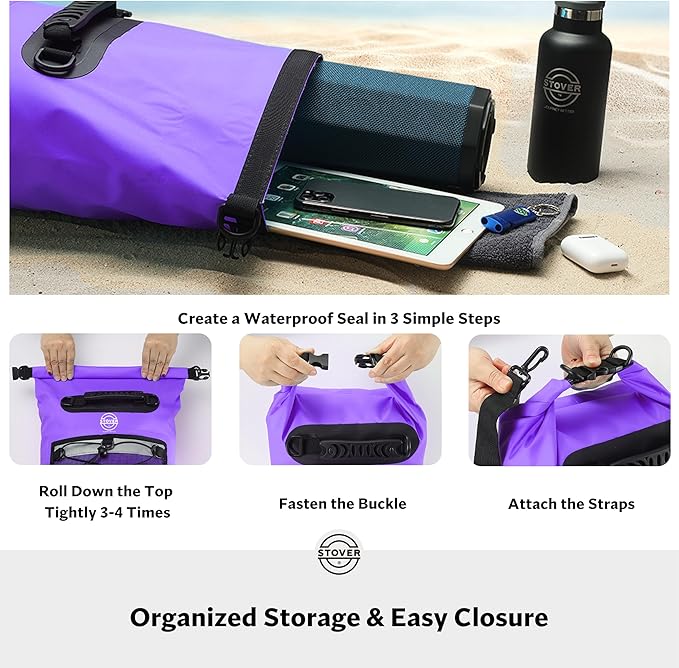 STOVER 5/10/25/30/40/55L Waterproof Dry Backpack & Phone Case- Medium Floating Dry Bag for Kayaking, Travel, Hiking, Fishing, Camping, Motorcycles & Beach, Heavy-Duty Roll Top Men/Women (Purple)