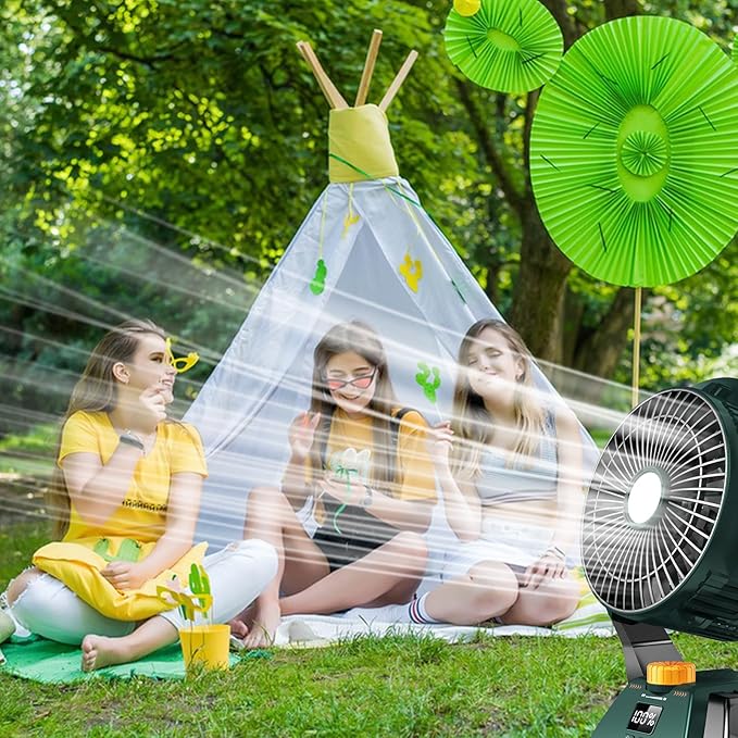 Camping Fan - Rechargeable Portable Battery Powered Camping Fans for Tents with LED Light, Power Display, Timers & 360° Hanging Hook, Ultra Quiet USB Personal Tent Fan for Fishing Travel Home Office