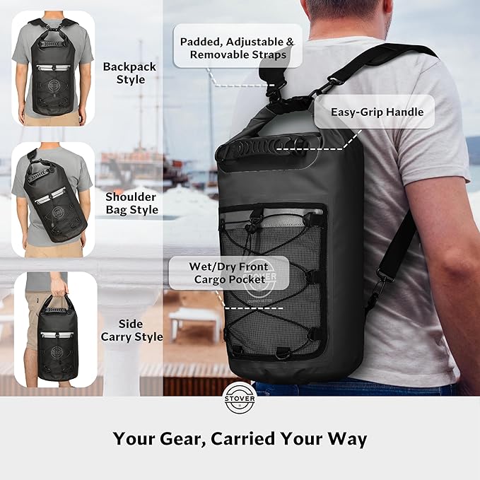 STOVER 5/10/25/30/40/55L Waterproof Dry Backpack & Phone Case- Medium Floating Dry Bag for Kayaking, Travel, Hiking, Fishing, Camping, Motorcycles & Beach, Heavy-Duty Roll Top Men/Women (Black)