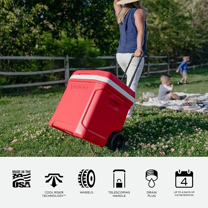 Igloo Cooler with Wheels, Profile II 28 Qt Hard Sided Ice Chest - Portable Insulated Container with Leak-Proof Design for Outdoor Use