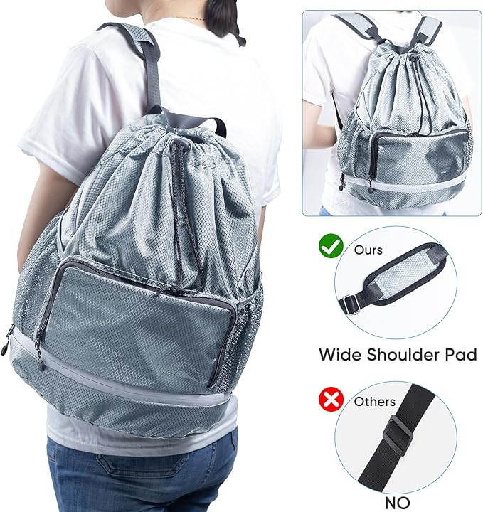 Swim Bag Beach Backpack Sports Drawstring Backpack - Gym Bag with Shoes Compartment and Waterproof Pocket for Gym Accessories, Swim Essentials - Kids Swim Backpack Mens Beach Bag, Workout Bag