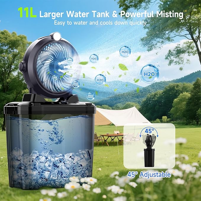 Portable Misting Fan with 11L Large Bucket for Outdoor Patios, 20000mAh Battery Operated Camping Fan with Hanging & Lighting, 3 Speed & 3 Spray Outlets, Rechargeable Fans for Fishing Garden
