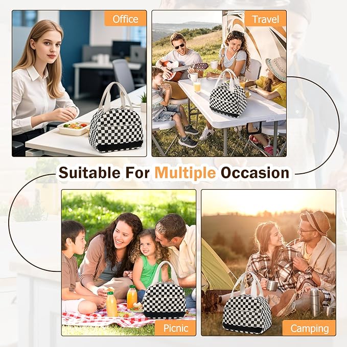 Lunch Box Lunch Bag for Women Men, Leakproof, Insulated Lunch Box Tote with Large Capacity, Lunch Container for Work/Office (Corduroy Black Checkered Pattern)