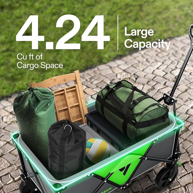 VIVOSUN Collapsible Folding Wagon, Outdoor Utility with Silent Universal Wheels, Cup Holders & Side Pockets, Adjustable Handle, for Camping, Garden, Sports, Picnic, Shopping, 220LBS, Grey & Green