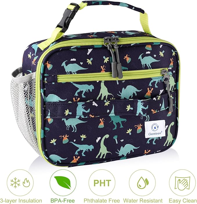 Genteen Lunch Box Kids, Prints Insulated Lunch Bag Kids Boys Girls,Soft Bag Mini Cooler Back to School Thermal Meal Tote Kit Lunch Box for School,Work,Outdoor - Dinosaur