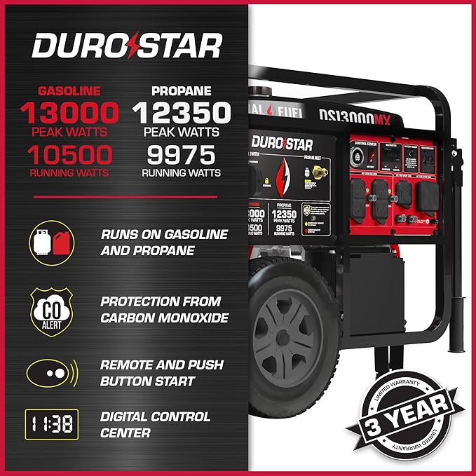 DS13000MX 13,000-Watt 500cc Dual Fuel Portable Generator - Gas and Propane, Remote Electric Start, Whole Home Power Backup, Transfer Switch Ready, RV & Emergency Ready