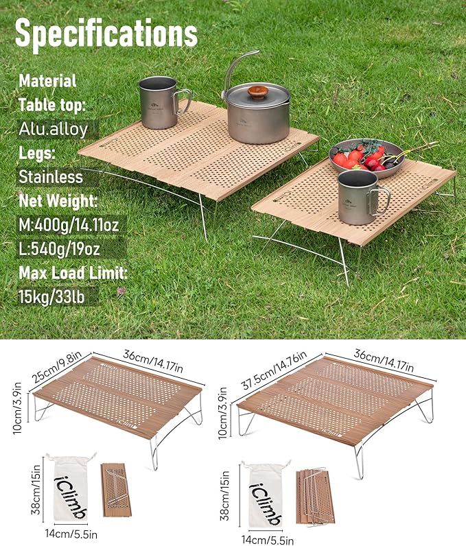 iClimb Mini Solo Folding Table Ultralight Compact for Backpacking Camping Hiking Beach Picnic (Nature - S)