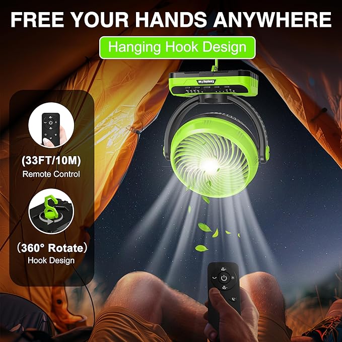 Camping Fan 40000mAh Rechargeable tent fans for camping hanging High Velocity Floor Fan Auto Oscillation Remote Control Timer Cordless Outdoor Fan for Car Travel RV Camp Hurricane Emergency