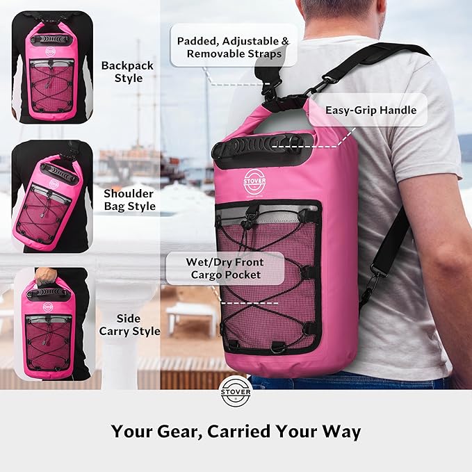 STOVER 5/10/25/30/40/55L Waterproof Dry Backpack & Phone Case- Medium Floating Dry Bag for Kayaking, Travel, Hiking, Fishing, Camping, Motorcycles & Beach, Heavy-Duty Roll Top Men/Women (Pink)