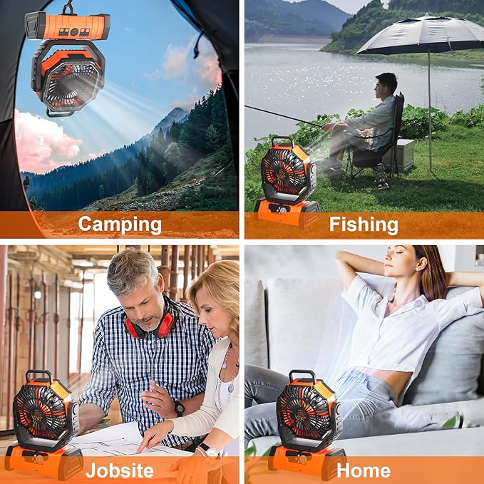 KEPEAK Rechargeable Camping Fan with LED Light, 20000Ah Battery Operated Powered Fan, 72H Runtime, Remote Control, 5.3m Airflow, Ultra-Quiet Portable Fan for Tents, Outdoor, Camping(Orange)