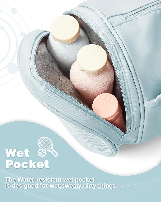 Small Women's Gym Bag - Waterproof Mini Duffle Bag, Travel Duffel with Wet Pocket, Carry On Weekender for Dance, Swimming, Yoga, Fitness - Light Blue