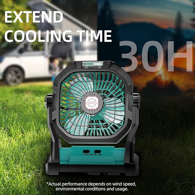 Camping Fan Rechargeable, 20000mAh Battery Powered Portable Fan with LED Light, 4-Speed 180° Adjustable, Camping Essentials for Tent, Travel, Car, Outdoor, Indoor, BBQ, Fishing, Jobsite - Blue