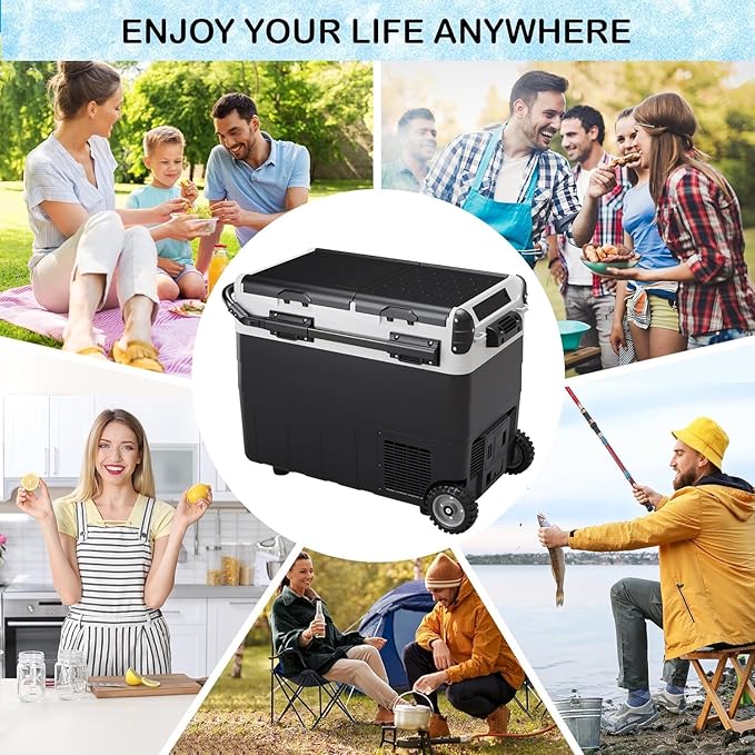 12 Volt Car Refrigerator, 53QT (50L) Dual Zone Portable Car Fridge, -4℉-68℉ Electric Cooler Dual Temp Control Cooling Freezer with Wheels, 12/24V DC and 100-240V AC for Travel, Camping, RV, Road, Home