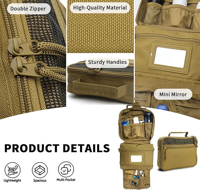 SMONT Toiletry Bag for Men Travel Toiletry Organizer Dopp Kit Organizer Toiletries Travel Bag Shaving Hygiene Bag Bathroom Hanging Men's Toiletry Bag for Short Trips Khaki