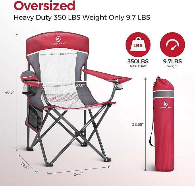 ALPHA CAMP Oversized Mesh Back Camping Folding Chair Heavy Duty Support 350 LBS Collapsible Steel Frame Quad Chair Padded Arm Chair with Cup Holder Portable for Outdoor (Red/Grey)