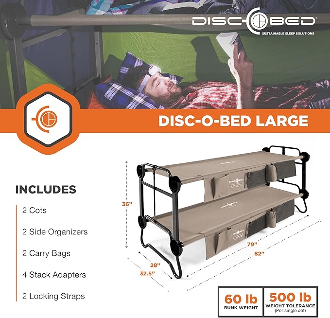 Disc-O-Bed Large Outdoor Convertible 2 Person Bench and Double Camping Cot Portable Bed Bunk System for Adults