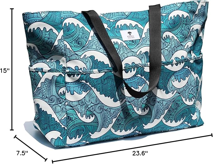 ESVAN Large Foldable Beach Bag for for Women with Dry Wet Compartment Waterproof Sandproof Travel Gym Picnic Handbag