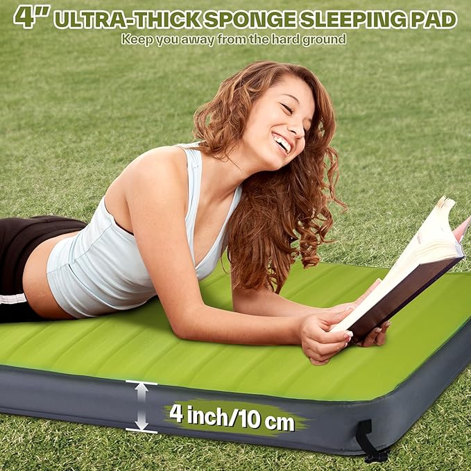 Sportneer Self Inflating Sleeping Pad, 4" Ultra-Thick Elasticity Foam Camping Mat with 10 R Value, 4-Season Insulated Durable Camping Pad Air Mattress for Car Travel Tent Home, 78" x 30"