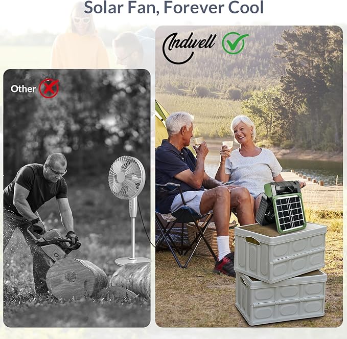Indwell Portable Solar Camping Fan with LED Lantern - Rechargeable Battery Powered 5200mAh, Power Bank Function 4-Speed Cooling Dual Solar USB-C Charging Foldable for Outdoor Camping, Tent & Travel