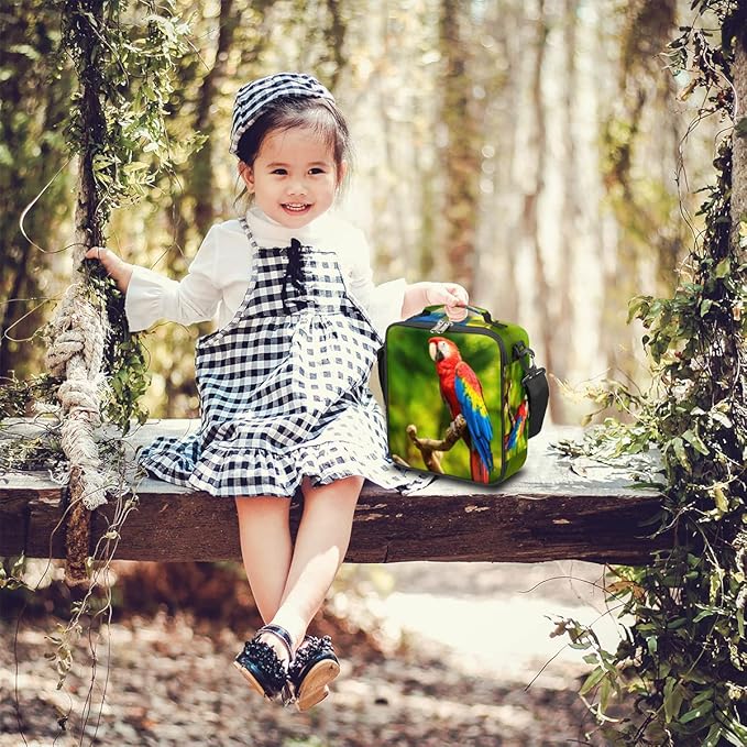 Parrot Lunch Bag, Tropical Bird Parrot Kids Lunch Box Reusable Insulated Lunch Bag for Boys Girls Back to School Thermal Cooler Lunch Tote Leakproof Lunch Box with Shoulder Strap for School Daycare