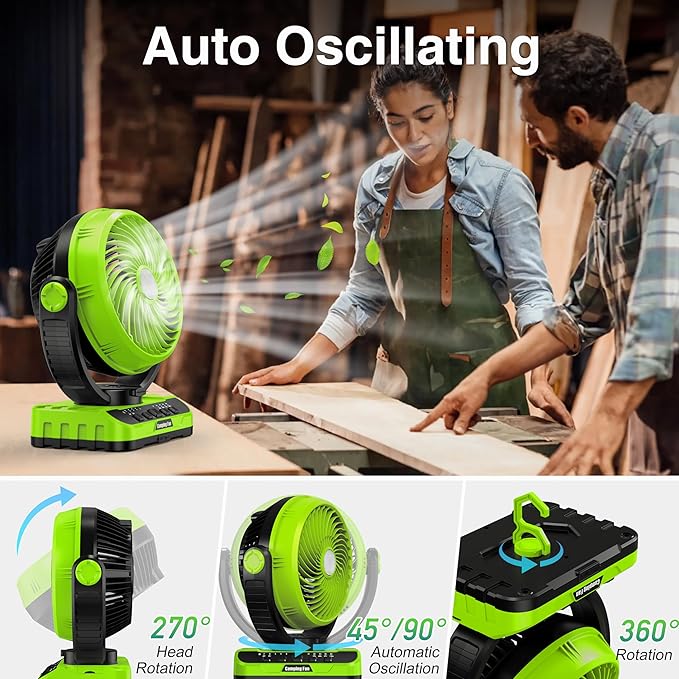 Camping Fan 40000mAh Rechargeable tent fans for camping hanging High Velocity Floor Fan Auto Oscillation Remote Control Timer Cordless Outdoor Fan for Car Travel RV Camp Hurricane Emergency
